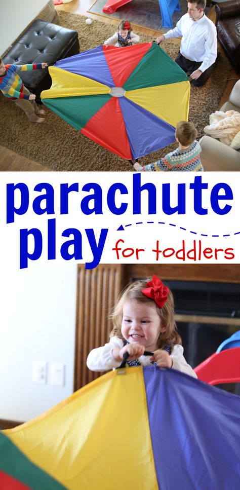 Parachute Play for Toddlers:  A super fun gross motor activity that is perfect for expelling excess energy indoors!  You can use a bed sheet if you do not have a parachute. Sport Crafts, Physical Activities For Toddlers, Parachute Games, Gross Motor Activity, Toddler Classroom, Gross Motor Activities, Sport Craft, Movement Activities, Motor Skills Activities