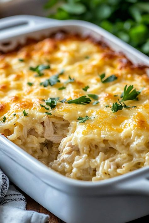 Creamy, cheesy, and loaded with comforting flavors, Angel Chicken and Rice Casserole is the ultimate cozy meal for chilly nights at home. Stuffing And Rice Casserole, Company Chicken Casserole Recipe, Best Casseroles Dinners, Quick Wednesday Night Dinner, Bye Dinner Ideas, Family Night Meals, Alfredo Rice Recipes, Creamy Cheesy Chicken And Rice, Chicken Dump And Bake Recipes