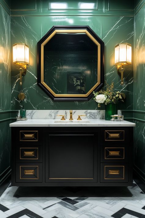 Discover these elegant modern bathroom ideas featuring green marble walls, gold accents, and a sleek black vanity. Elevate your space with luxurious lighting and sophisticated decor. Perfect for adding a touch of opulence to your home. #ModernBathroomIdeas #HomeDecor #LuxuryLiving Green Gold Powder Room, Dark Green Black Gold Bathroom, Black Green Gold Bathroom, Emerald Green Black And Gold Bathroom, Dark Green And Marble Bathroom, Emerald Green Bathroom, Black Vanity Bathroom, Calming Spaces, Black Vanity