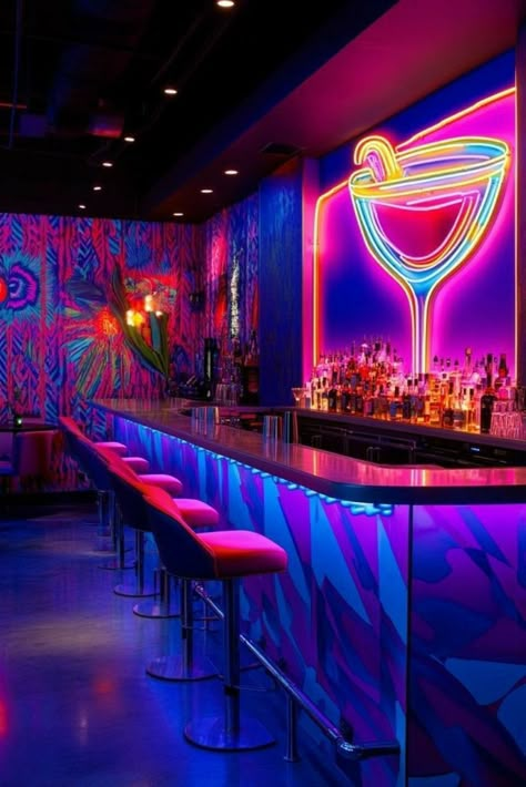 Fancy Bar Design, Bar Inspiration Restaurant, Neon Bar Aesthetic, Nightclub Design Lighting, Party Basement, Bar Americano, Club Design Interior, Luna Bar, Party Interior