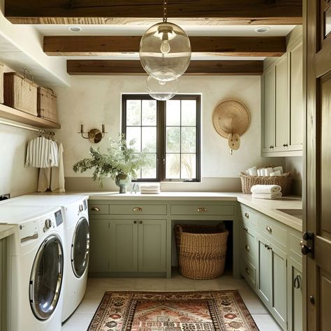 Elegant farmhouse-style laundry room in sage green, featuring rustic hand hewn ceiling beams and a large window with black trim, pouring light onto a vintage runner rug and dark wood floors. The space includes a white washing machine, beige dryer, and wicker baskets atop each for organized storage. Accents include a brass chandelier and soft pendant lights, creating a warm and inviting atmosphere. Stone Laundry Room Floor, Spanish Revival Laundry Room, Devol Laundry Room, Tuscan Laundry Room, Spanish Style Laundry Room, Light Green Laundry Room, Earthy Laundry Room, Laundry Room Green Cabinets, Big Laundry Room Ideas