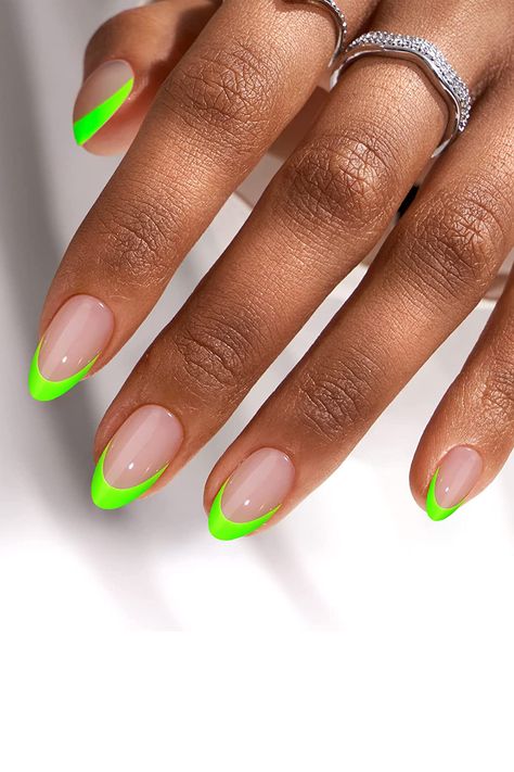 CommissionsEarnedFrench neon green press on nails are a fun and bold twist on the classic French manicureThe vibrant neon green color adds a pop of excitement to the traditional white French tipcreating a unique and eye-catching lookThe press-on design makes them easy to apply and removeand they're a great option for anyone who wants to have beautiful nails without the hassle of a salon visit. French Nail Designs Green, Neon Green French Tip Nails Coffin, Neon Green Nails Almond Shape, Neon Green And Black French Tip Nails, Neon Green French Tip Nails Almond, French Tip Nails Lime Green, Lime Green Nails Design Neon, White And Lime Green Nails, Like Green French Tip Nails