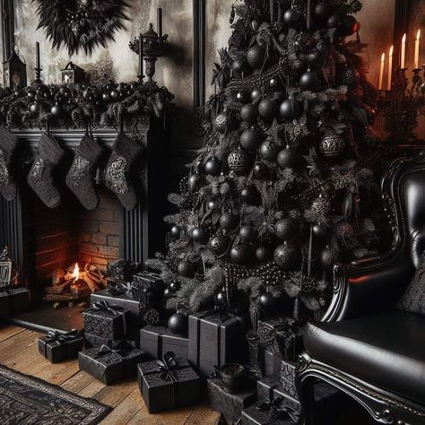 Christmas Black Decorations, Black Christmas Stockings Ideas, Small Black Christmas Tree, Black Xmas Decorations, Gothic Christmas Tree Ideas, Modern Black Christmas Tree, All Black Christmas Tree, Black Christmas Tree Decorations Ideas, Black Xmas Tree Decorating Ideas