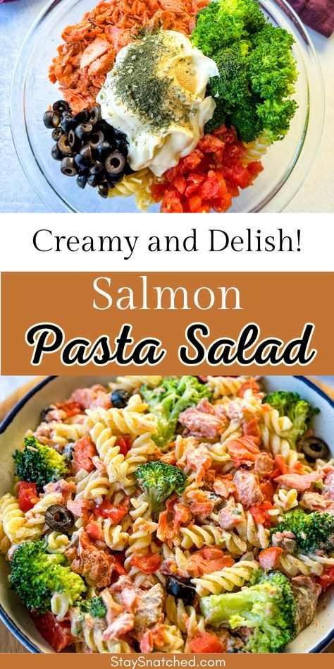 This refreshing Salmon Pasta Salad is perfect for a light lunch or dinner. This dish combines tender, flaky salmon with a creamy homemade dressing, pasta, and fresh vegetables for a great mix of flavors and textures. This dish is quick to prepare and easy to customize as an excellent choice for meal prep, picnics, or any time you want a nutritious meal. Pasta Salmon Salad, Pasta Side With Salmon, Salmon And Peas Pasta, Smoked Salmon Pasta Healthy, Salmon Pasta Salad, Pasta Salad Salmon, Salmon Pasta, Cookout Food, Cast Iron Skillet Recipes