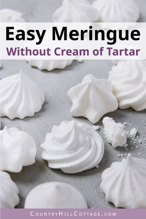 See how to make the best meringue cookies without cream of tartar! The result is a crispy and airy meringue kiss that looks adorable and tastes even better. This easy meringue recipe makes cookies that are crispy around the edges, yet soft and chewy in the middle. The instructions include plenty of helpful tips for baking perfect French meringue kisses every time, how to store them, and variations for chocolate chip, nut, mint, vanilla, and other tasty flavors. | CountryHillCottage.com Easy Meringue Recipe Without Cream Of Tartar, Merangue Recipe Without Cream Of Tarter, Meringue Cookies Without Cream Of Tartar, French Meringue Recipe, How To Make Meringue Cookies, Meringue Without Cream Of Tartar, Meringue Recipe Cookies, Meringue Recipe Without Cream Of Tartar, Merengue Recipe Easy