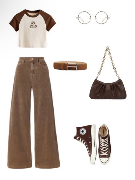 Fits With Brown Shoes, Coffee Core Aesthetic Outfits, Outfits To Wear With Brown Converse, Brown Fall Outfits For Women, Brown Converse Aesthetic Outfit, Plat Form Converse Outfits, Outfit With Brown Converse, Brown High Top Converse Outfit, Converse Style Outfit