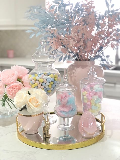 Spring flowers, Easter Decor, Pastels, candles, candy canisters, spring decor, kitchen island styling Pink Easter Decor, Easter Floral Decorations, Easter Inspiration Decor, Easter Kitchen Decor, Spring Floral Decor, Easter Decorating, Easter Floral, Easter Inspiration, Pink Easter