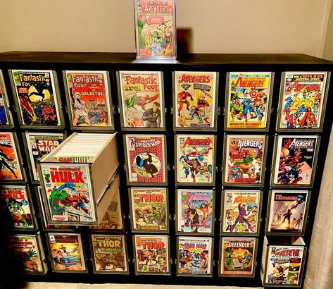 Comic Collection Display, Nerd Room Aesthetic, Comic Book Organization, Comic Organization, Nerd Room Ideas, Comic Book Rooms, Comic Book Box Storage, Toy Collection Room, Comic Storage