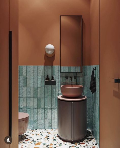 Toilet Room Decor, Orange Bathroom, Orange Bathrooms, Bathroom Floor Plans, Small Space Bathroom, Toilet Room, Bathroom Remodel Tile, Bathroom Color, Toilet Design