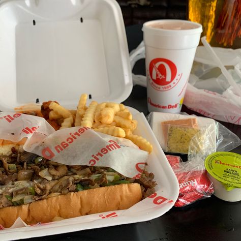 A 5 wing, Philly cheesesteak, and fries combo with a drink from American Deli with the fry seasoning and condiments on the side American Deli, Feed In Braids Hairstyles, Feed In Braid, Braids Hairstyles, Food Cravings, Food Lover, Bridge, Braids, Yummy Food