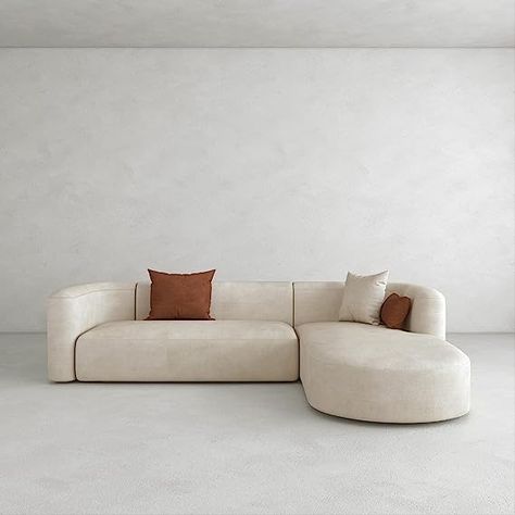 Our sectional sofa set features elegant curves, clean lines, and a broad profile that brings modern style to a living space. The smooth lines of the armrests and backrest are simple and modern. It is very suitable for relaxing on this sofa couch with the family.  Comfortable Sofa - The thickened seat cushions for this L shape sofa are soft and comfortable. Covered in soft and skin-friendly velvet fabric, this living room sofa is timeless and elegant. *affiliate link Sofa L Shape Living Room, Aesthetic Couches, Cream Couch Living Room, Aesthetic Couch, Cream Sofa Living Room, Couch Aesthetic, L Shape Couch, Cream Couch, L Shaped Sofa Designs