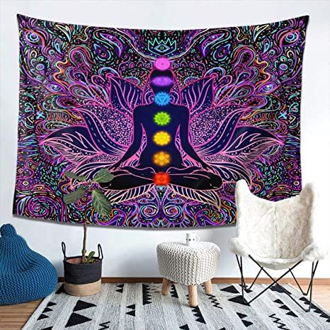 Spiritual Room Ideas, Wall Blankets Tapestries, Reiki Room Ideas, Curtain Balcony, Roof Decoration, Reiki Room, Boho Studio, Trippy Tapestry, Blanket On Wall