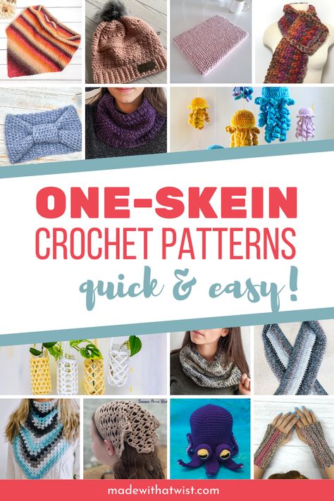 Wondering what to do with all those single skeins of yarn in your stash? Check out these 14 one-skein crochet patterns. We've got crochet patterns for amigurumi, a crochet bag for your laptop, stylish home decor, and lots accessories for your fall outfits. These designs work up quickly, many in an hour or less, using yarn you already have. That makes them great for filling your craft fair table or selling on Etsy! #sellablecrafts #handmadegifts #crochetclothes One Skein Sock Yarn Crochet Patterns, Crochet Worsted Weight Yarn Projects, Crochet One Skein, How To Add A New Skein Of Yarn Crochet, One Skein Amigurumi, Crochet Mini Skein Patterns, Single Skein Crochet Projects, One Skein Crochet Patterns Free, 2 Skein Crochet Projects