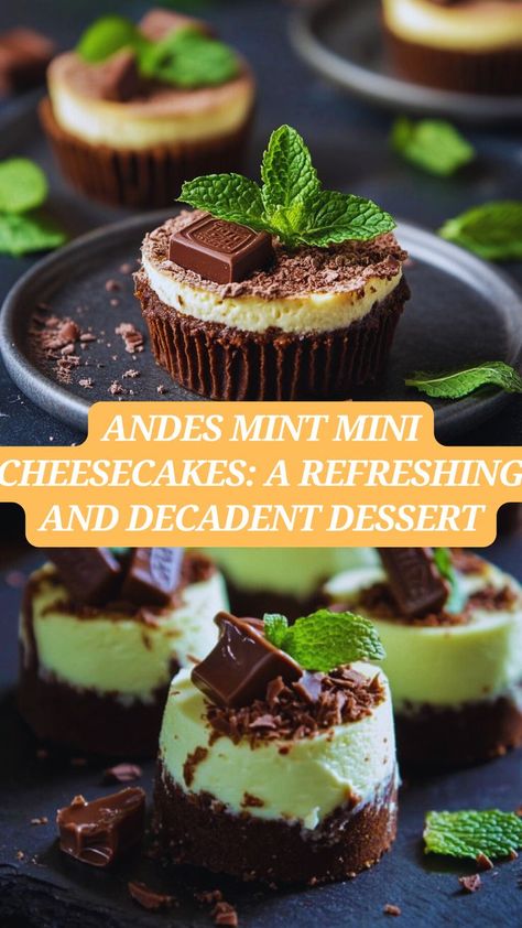 Andes Mint Mini Cheesecakes: Chocolate and Mint Bliss! 🍫🍃 These Andes Mint Mini Cheesecakes are the ultimate bite-sized indulgence! With a rich chocolate cookie crust, creamy mint-infused cheesecake filling, and a decadent topping of whipped cream and Andes mints, they’re perfect for any occasion. Easy to make and bursting with refreshing minty flavor, these mini desserts are as beautiful as they are delicious. Save this recipe for your next party or holiday gathering—it’s sure to be a hit! Mini Cheesecakes Chocolate, Minty Desserts, Mint Chocolate Cheesecake, Chocolate Cookie Crust, Andes Mints, Mint And Chocolate, Mint Desserts, Mint Cheesecake, Andes Mint