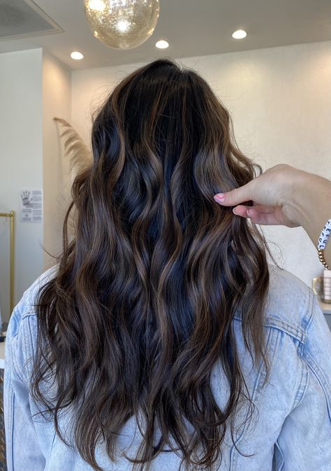 Light Brown Hair To Dark Brown, Dark Brunette With Dimensional Highlights, Brown Hair With Chocolate Highlights, Dark Brown With Natural Highlights, Brown Hair Going Darker, Dark Balayage Curly Hair, Cool Carmel Highlights, Dementional Hair Dark Brown, Dark Brown Hair With Lowlights Caramel