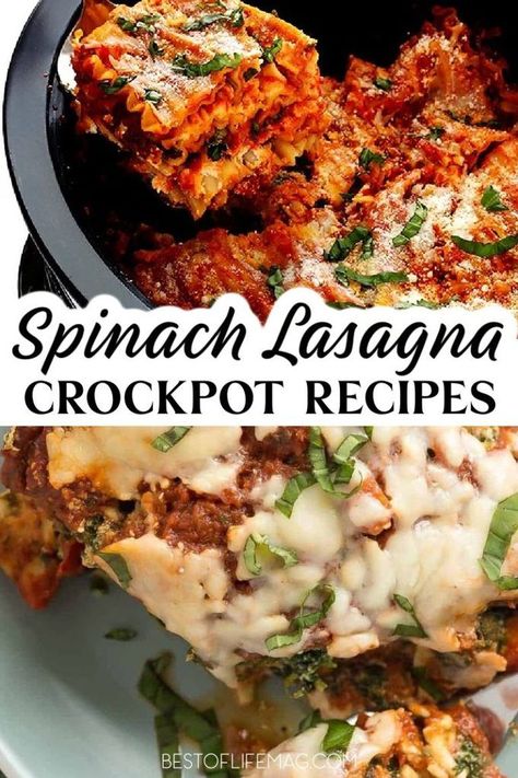 Adding vegetables to lasagna recipes adds a refreshing twist on a classic recipe. Crockpot lasagna recipes with spinach are easy to make and the spinach adds great flavor! Healthy Crockpot Lasagna | Vegetarian Crockpot Lasagna | Ravioli Crockpot Lasagna | Slow Cooker Crockpot Lasagna | Crockpot Pasta Recipes | Slow Cooker Italian Recipes | Easy Dinner Recipes #crockpot #recipes Beef Spinach Recipe, Crockpot Vegetable Lasagna, Lasagna Slow Cooker, Lasagna Crockpot, Recipes With Spinach, Crockpot Chicken Tacos Recipes, Lasagna Recipe Slow Cooker, Lasagna Ravioli, Lasagna Vegetarian