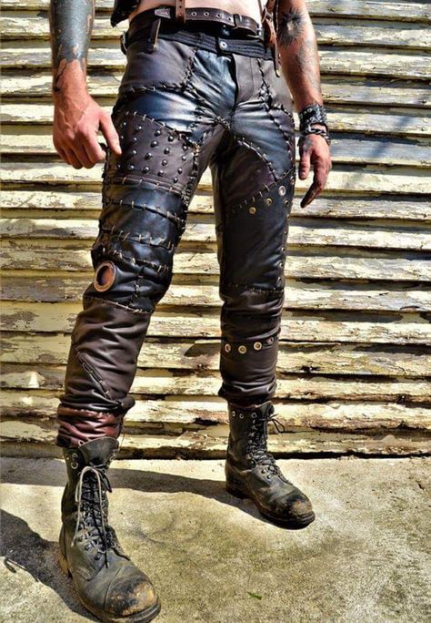 Apocalypse Outfit Men, Jean Jacket Pins, Wrestling Costumes, Modified Clothing, Apocalypse Outfit, Apocalyptic Wasteland, Wasteland Warrior, Steampunk Coat, Apocalyptic Clothing