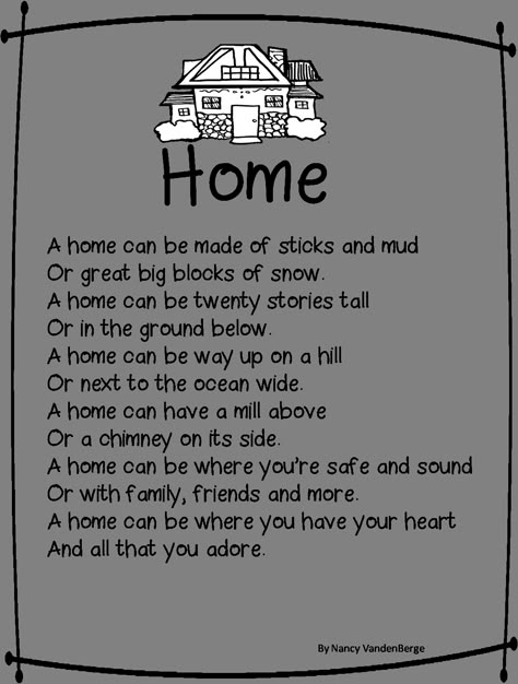 First Grade Wow: Home Sweet Home - "Human Characteristics of Place" Family Poems For Kids, Poems About Home, Inspirational Poems For Kids, Preschool Poems, Poems For Children, Simple Poems, Home Poem, Childrens Poems, Family Poems