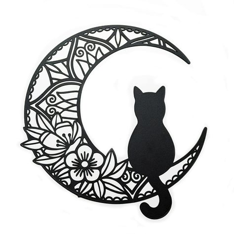 PRICES MAY VARY. Moon And Cat Metal Wall Art:Unique decor design is combines a floral mandala wall art pattern with black cat on the moon phase for Bohemian Style wall hanging,perfectly matches with surroundings. Size and Package:Measures approximately 9.6"W x 9.6"L x 0.5"H, well packed with bubble bag and box, which can avoid be scratch and great to give as a gifts. Sturdy and Reliable:The black cat wall decor art is strong yet lightweight that you can feel comfortable hanging it,weather-proof Cat Silloute Tattoo, Small Black Cat Tattoo Simple, Luna Cat Tattoo, Cat Moon Tattoo, Witchy Cat Tattoo, Cat Silhouette Tattoos, Mother Tattoo, Silhouette Chat, Cat On The Moon