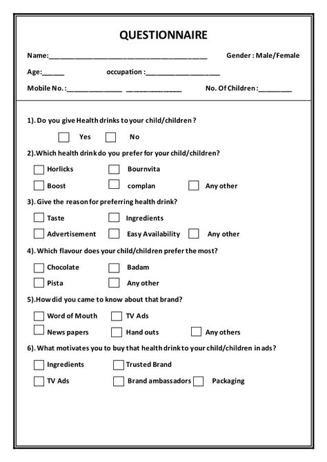 QUESTIONNAIRE  Name:__________________________________________ Gender : Male/Female  Age:______ occupation:_________________... Questionnaire Design, Survey Questionnaire, Violet Tattoo, Questionnaire Template, Health Drinks, Brand Words, Thesis Writing, Health Lessons, Motivation Board