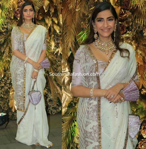 sonam kapoor in white saree at armaan jain wedding reception scaled Sonam Kapoor Saree Style, Sonam Kapoor Traditional Outfits, Jain Wedding, Sonam Kapoor Saree, Indian Formals, Sonam Kapoor Wedding, Sunita Kapoor, Kareena Kapoor Saree, Celebrity Saree