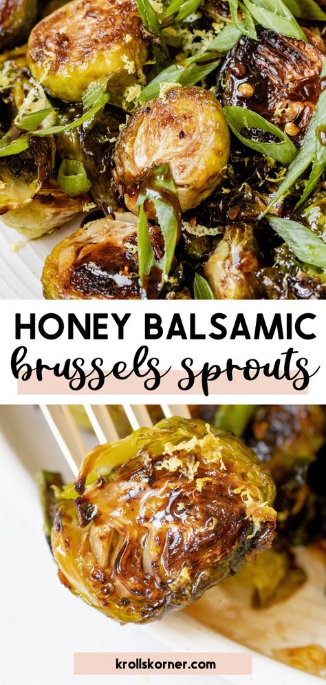 These Honey Balsamic Brussels Sprouts have the perfect golden caramelization, are both tender and crisp and served with an amazing honey balsamic sauce! These Brussels are so good you're going to be eating them right off the tray! Honey Balsamic Brussel Sprouts, Brussel Sprouts Recipes Easy, Aip Protocol, Glazed Brussels Sprouts, Balsamic Brussel Sprouts, Crispy Brussels Sprouts, Brussel Sprout Recipes Roasted, Sprouts Recipe, Random Recipes