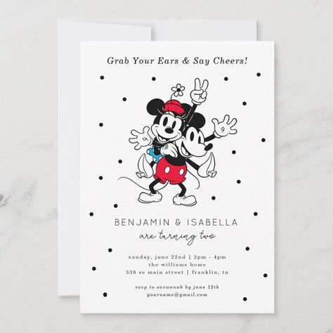 Mickey And Minnie Twin Birthday Party, Twin 1st Birthday Ideas, Mickey And Minnie Birthday Invitations, Minnie And Daisy Birthday Invitations, Mickey And Minnie Invitations, Disney Themed Birthday Party, Minnie Invitations 2nd Birthday, Birthday Twins, Minnie Mouse Invitations