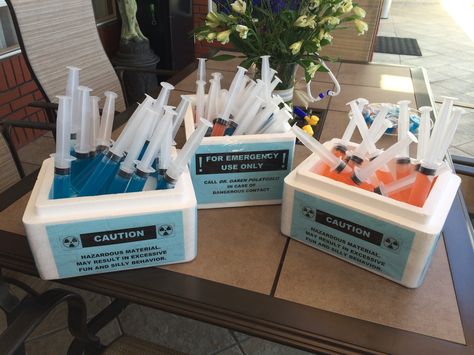 Doctor Bachelorette Party, Shots In Syringes Parties, Lab Themed Party, Shots In Syringes, Doctor Wedding, Doctor Themed Party, Pharmd Graduation Party, Degree Party, Medical Themed Parties