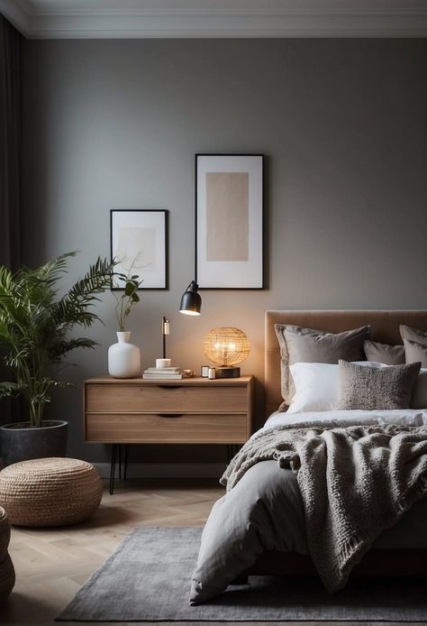 Bedroom Inspo For Couples, Bedroom Ideas For Small Rooms Dark, Cozy Zen Bedroom, Bedroom Color Ideas For Couples, Gray Wall Bedroom, Bed Rooms Ideas For Couples, Romantic Bedroom Ideas For Couples, Apartment Dubai, Cozy Grey Bedroom