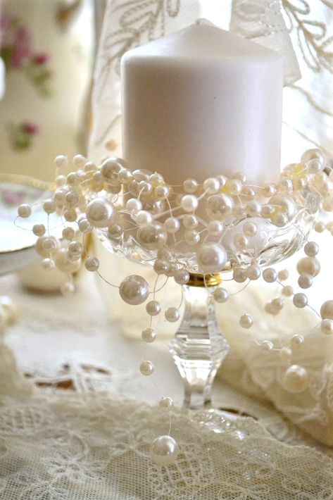 White Candle with Pearl Decor Pearls For Wedding, Festive Candle, Pearl Bridal Shower, 30th Anniversary Parties, Pearl Centerpiece, Pearl Anniversary, Pearl Party, 30th Wedding Anniversary, Candle Candle