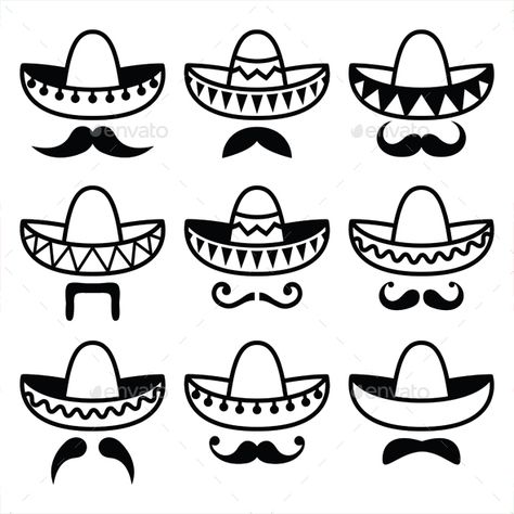 Vector black icons set of Sombrero isolated on white FEATURES: 100 Vector Shapes All groups have names All elements are easy to m Sombrero Tattoo, Mexican Mustache, Charro Hat, Mustache Drawing, Mustache Tattoo, Mexican Sombrero Hat, Mexico Tattoo, Hat Tattoo, Mexican Tattoo