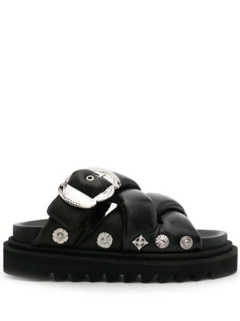 Toga Pulla Shoes Toga Pulla, Denim Jacket With Fur, Slider Sandals, Skirt And Sneakers, Leather Platform Sandals, Studded Sandals, Moon Boots, Sandals Black, Lug Sole