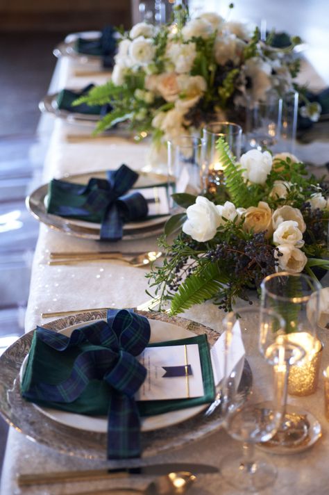 Photography: Charlotte Jenks Lewis Photography   charlottejenkslewis.com   View more: http://stylemepretty.com/vault/gallery/17450 Scottish Christmas Table Decorations, Tartan Wedding Table Decorations, Tartan Plaid Tablescape, Tartan Plaid Christmas Wedding, Blackwatch Tartan Wedding, Tartan Party Decorations, Tartan Wedding Decorations, Scottish Table Setting, Scottish Tablescape