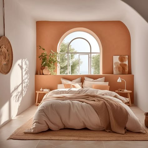 Terracotta Bedroom, Mediterranean Bedroom, Warm Bedroom, Decor Ideas Bedroom, Bedroom Orange, Bedroom Deco, Spare Bedroom, Decoration Idea, Bedroom Loft