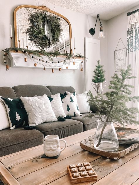 Dark Couch Christmas Decor, Gray Couch Christmas Pillows, Christmas Decor Grey Couch, Threshold Christmas Decor, Dark Grey Couch Christmas Decor, Christmas Decor Above Couch, Couch Table Christmas Decor, Gray Couch Christmas Decor, White And Green Christmas Aesthetic