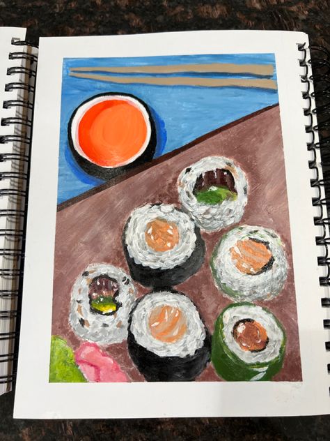 Sushi Painting Easy, Sushi Art Painting, Sushi Painting, Aesthetic Sushi, Sushi Drawing, Sushi Boat, Draw Reference, Food Art Painting, Easy Sushi