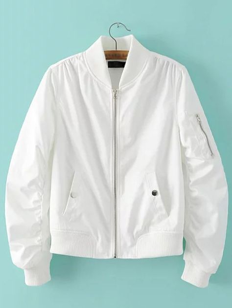 Shop White Rib-knit Cuff Zipper Pocket Jacket online. SheIn offers White Rib-knit Cuff Zipper Pocket Jacket & more to fit your fashionable needs. Women Short Coat, Windbreaker Outfit, Short Coats Women, Blazer Pattern, Outwear Women, Basic Jackets, Flight Jacket, Pocket Jacket, Bomber Jackets