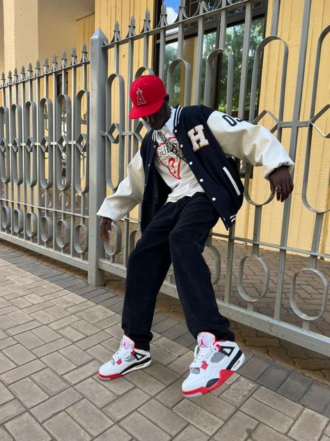 katito is wearing his baddest outfit💥💥🔥💯📌 Red Air Jordans Outfit Men, Jordan 4 Retro Red Cement Outfit, Red Cement 4s Outfit Men, Fire Red 4s Outfit Men, Motorsport 4s Outfit, Fire Red Jordan 4 Outfit, Jordan 4 Red Outfit, Jordan 4 Fire Red Outfit Men, Air Jordan 4 Fire Red Outfit