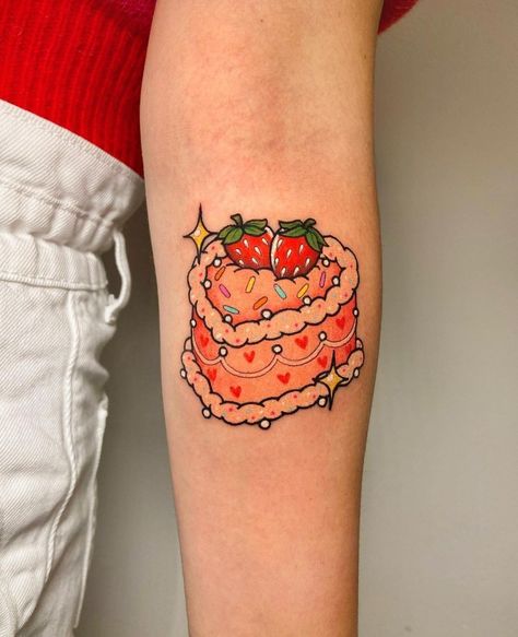 Strawberry Cake Tattoo, Strawberry Shortcake Tattoo, Dopamine Tattoo, Kawaii Tattoos, Cake Tattoo, Candy Tattoo, Stunning Tattoos, American Traditional Tattoo Ideas, Traditional Tattoo Ideas