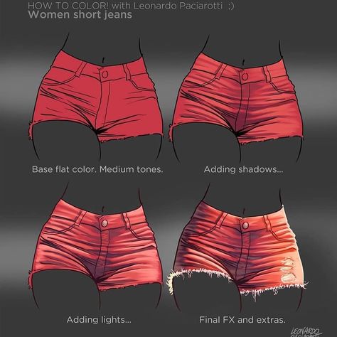 @sugoiacademy: “Shorts tutorial with @leoarts 💥💥💥 I personally don't like drawing clothes 😅” Drawing Of Anime, Fabric Study, Lighting Study, Jeans Tutorial, Jeans Drawing, Shorts Drawing, Anime Shorts, Painted Shorts, Digital Painting Techniques