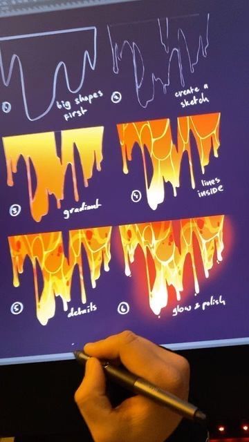 Liquid Tutorial Drawing, Liquid Art Reference, How To Draw Bioluminescence, Lava Drawing Reference, Monster Drawing Tutorial, Lava Drawing Tutorial, Lava Painting Tutorial, Lava Reference, How To Draw Lava