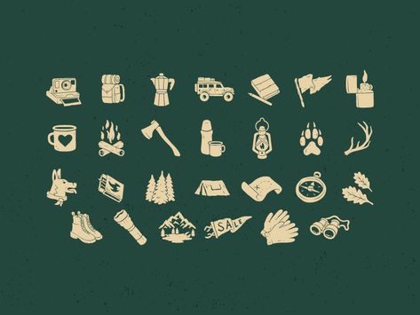 Icons Style Design, Camping Branding, Illustrated Icons, Adventure Illustration, Game Icon Design, Map Icon, Camping Icons, Adventure Branding, Icon Set Design