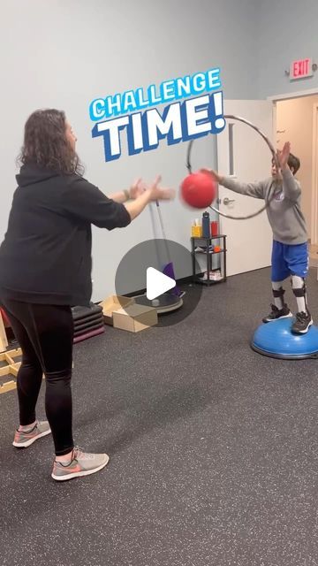 More Than A Gym on Instagram: "Challenge time! Had fun with this one - challenging balance on the bosu with dual task activity to throw and catch the ball and hula hoop! ⁉️do your kiddos accept this challenge? Show us! #morethanagym #pediatricpt #pediatricphysicaltherapy #challenge #challengeaccepted #physicaltherapy #allabilities #balance #bosu #bosuworkout #bosuballworkout #coordination #longisland #longislandmoms #orthotics" Balance Activities, Balance Activities For Kids, Sensory Gym Activities Occupational Therapy, Hula Hoop Activities, Standing Balance Occupational Therapy, Balance Beam Activities For Kids, Sensory Gym Occupational Therapy, Pediatric Physical Therapy Activities Jumping, Bosu Ball Workout