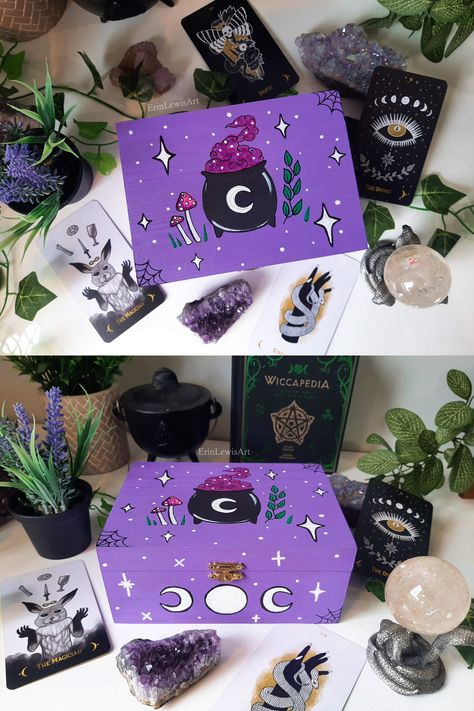 Hand Painted Tarot Trinket Box | Witchy Home Decor | Oddities and Curiosities | Spooky Cute | Handmade Gift | Cauldron | Bats | Crystals | Triple Moon | Pastel Goth | CottageGoth | Fairycore | Fairy Vibes | Gothic Aesthetic Witchy Box Diy, Witch Boxes Diy, Painting Wooden Boxes Ideas, Spooky Box Ideas, Trinket Boxes Diy, Trinket Box Painting Ideas, Painted Box Ideas Aesthetic, Decorated Boxes Ideas, Hand Painted Wooden Box Ideas