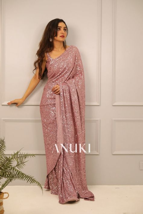 Rose Pink Embellished Sequins Saree Pink Sequin Saree, Baby Pink Saree, Shimmer Saree, Partywear Sarees, Sequins Saree, Rose Pink Color, Drape Saree, Shimmer And Shine, Cocktail Event