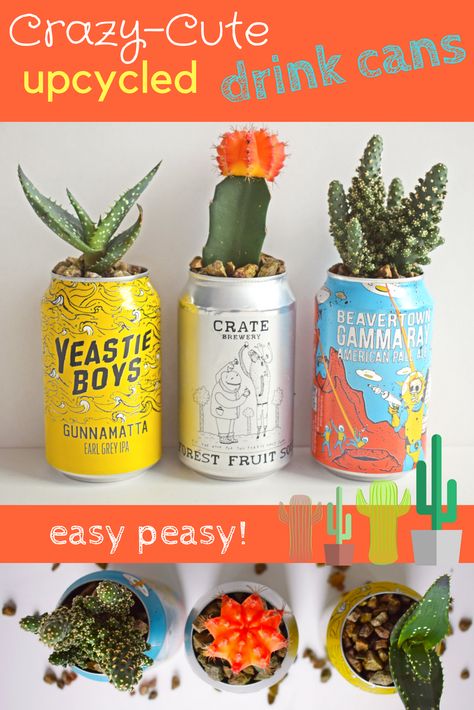 Beer Can Planters Diy, Beer Can Flower Vase, Drinks Can Crafts, Cans As Planters, Upcycled Beer Cans, Old Beer Cans Ideas, Reuse Soda Cans, Soda Can Flower Pot, Diy Beer Can Crafts