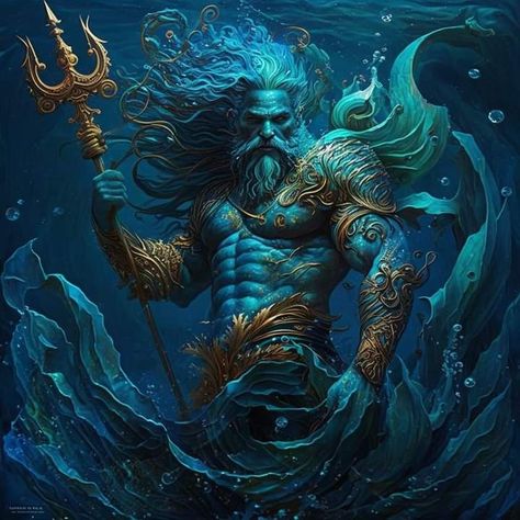 Ocean Greek Mythology, Posiden Art Greek Mythology, Posiden Art, Poseidon Art Illustrations, Greek God Poseidon Art, Greek Mythology Monsters, Greek Gods Art, Greek God Art, Greek Mythology Poseidon