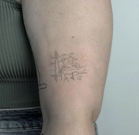 Vincent Van Gogh Tattoo Minimalist, Tattoo Fine Line Ideas, Small Van Gogh Tattoo, Monet Inspired Tattoo, Monet Tattoo Ideas, Van Gogh Tattoo Ideas, Minimalist Van Gogh Tattoo, Vincent Van Gogh Tattoo, Van Gogh Tattoos