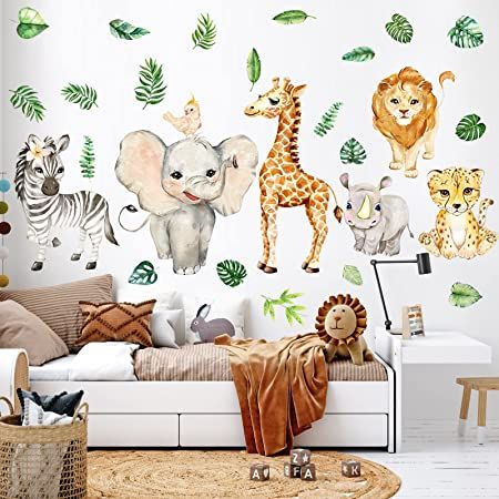 Room Ideas Color, Safari Animal Wall Decals, Birds Stickers, Geometric Decals, Wall Stains, Stick Wall Art, Nursery Stickers, Safari Theme Nursery, Floral Wall Decals