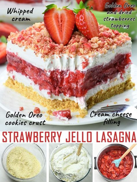 Strawberry Jello Lasagna, Jello Lasagna, Frozen Deserts, Pumpkin Dump Cake Recipe, Oreo Filling, Dump Cake Pumpkin, Oreo Cookie Crust, Strawberry Dessert Recipes, Strawberry Jello